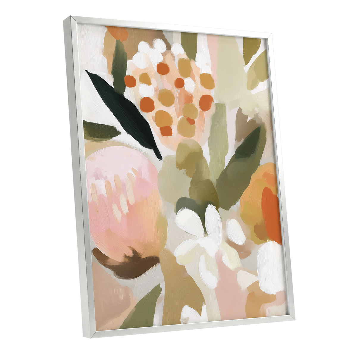 Seedheads and Soft Petals, pink, green, beige floral wall art shown as a silver framed poster wall art print