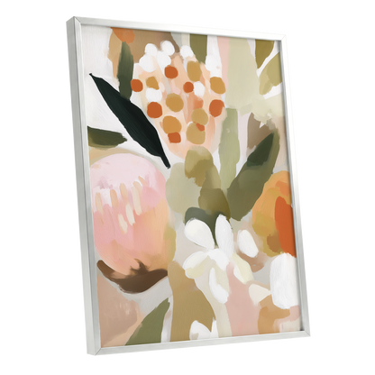 Seedheads and Soft Petals, pink, green, beige floral wall art shown as a silver framed poster wall art print