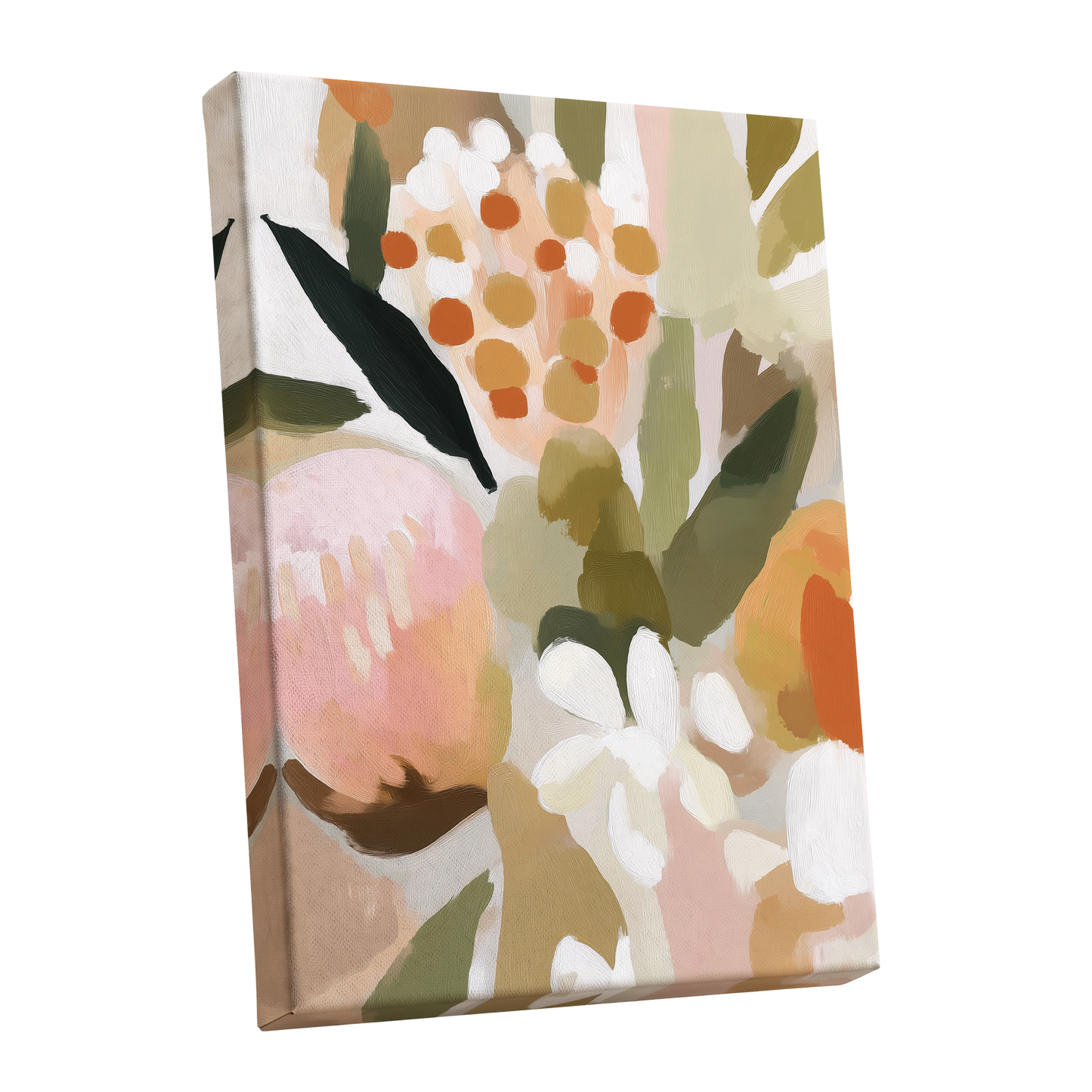 Seedheads and Soft Petals, pink, green, beige floral wall art shown as a stretched canvas wall art
