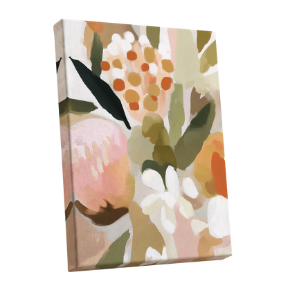 Seedheads and Soft Petals, pink, green, beige floral wall art shown as a stretched canvas wall art