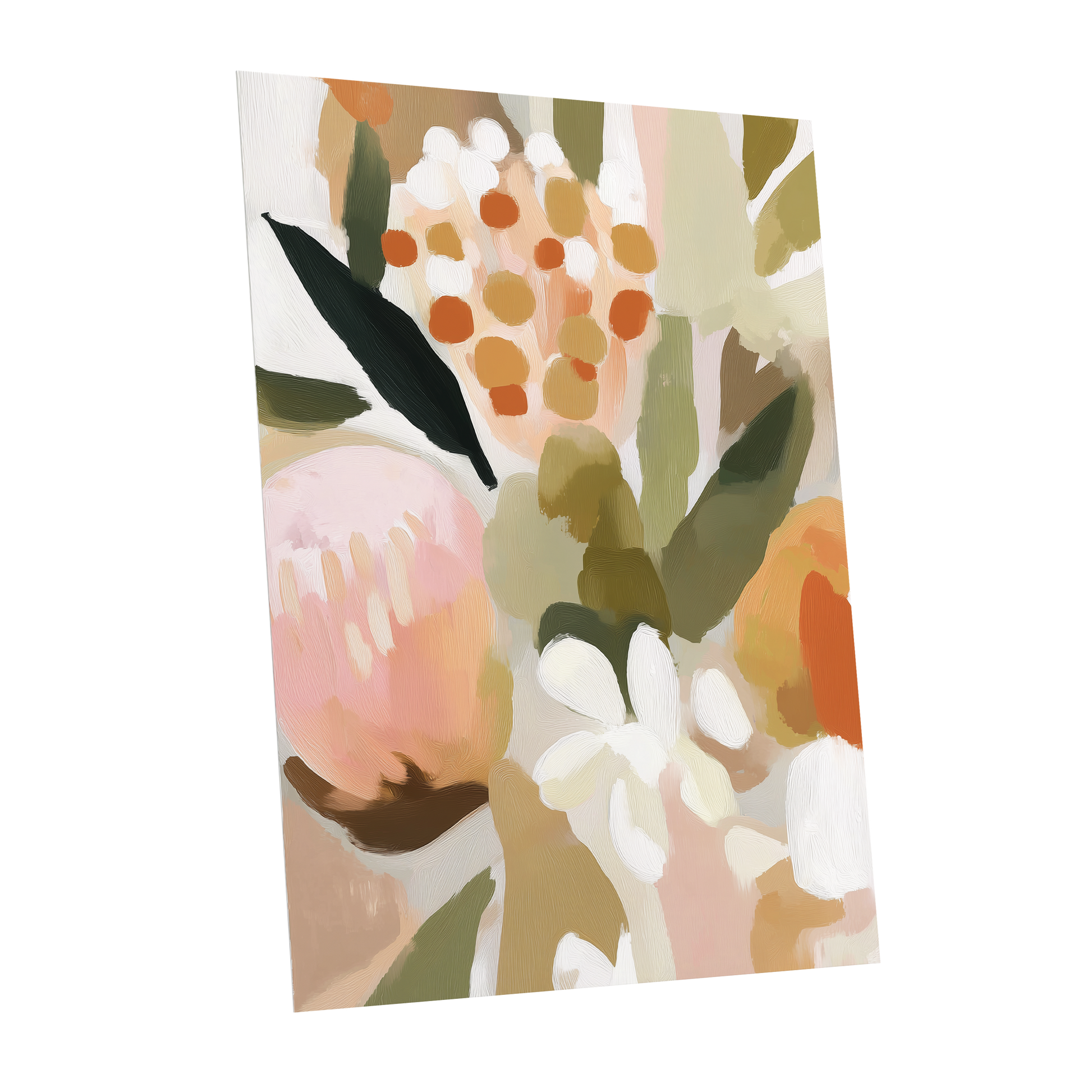 Seedheads and Soft Petals, pink, green, beige floral wall art shown as a unframed poster wall art print