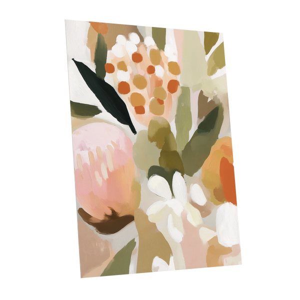 Seedheads and Soft Petals, pink, green, beige floral wall art shown as a unframed poster wall art print