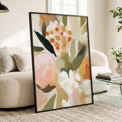 Seedheads and Soft Petals, pink, green, beige floral wall art displayed in a styled interior, gallery view 2