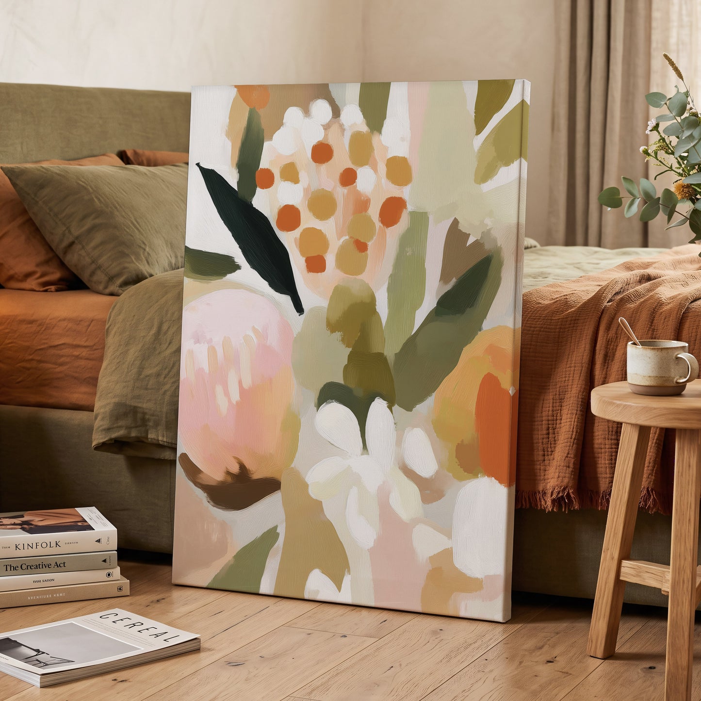 Seedheads and Soft Petals, pink, green, beige floral wall art displayed in a styled interior, gallery view 3