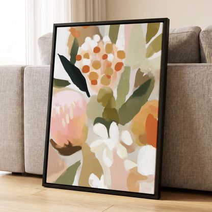 Seedheads and Soft Petals, pink, green, beige floral wall art displayed in a styled interior, gallery view 4