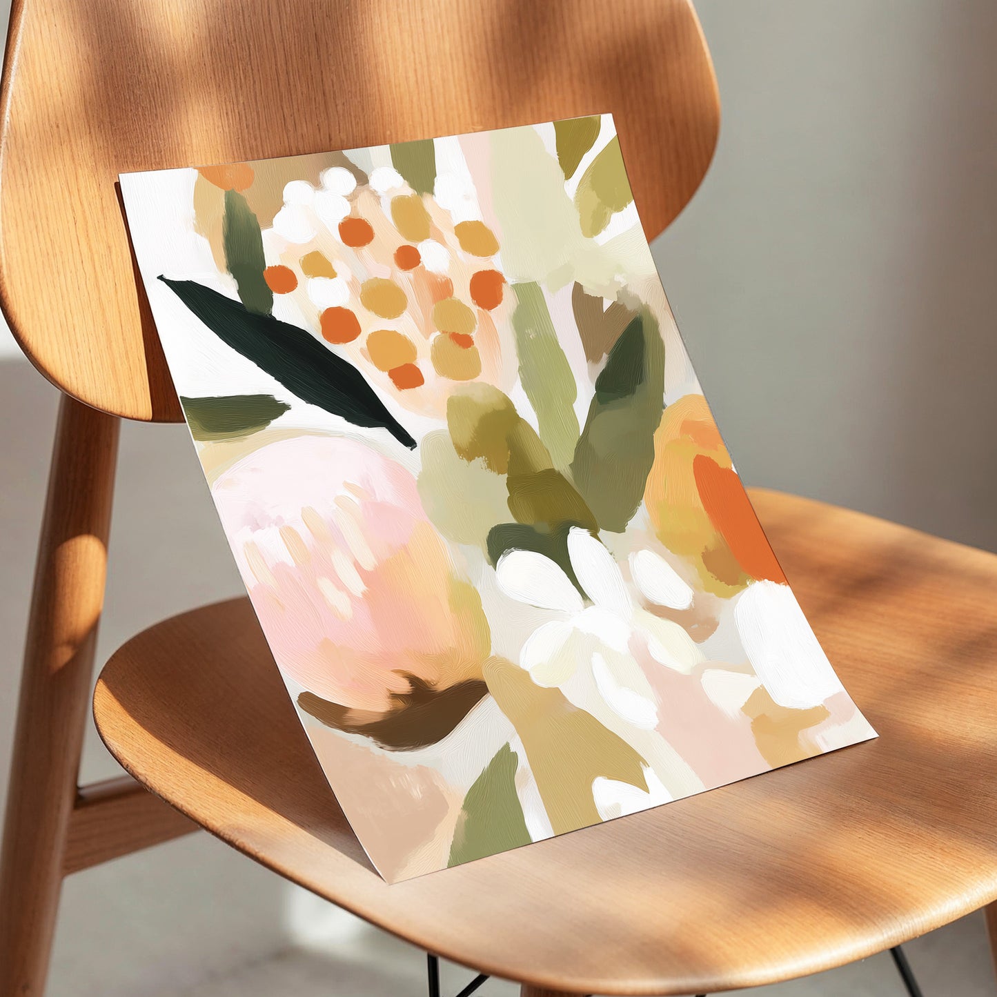 Seedheads and Soft Petals, pink, green, beige floral wall art displayed in a styled interior, gallery view 5