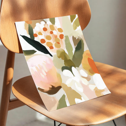 Seedheads and Soft Petals, pink, green, beige floral wall art displayed in a styled interior, gallery view 5