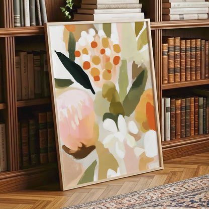 Seedheads and Soft Petals, pink, green, beige floral wall art displayed in a styled interior, gallery view 6