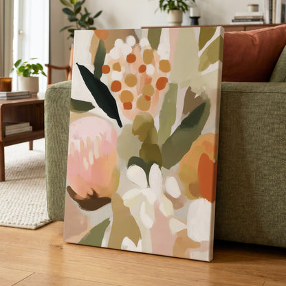 Seedheads and Soft Petals, pink, green, beige floral wall art displayed in a styled interior, gallery view 7
