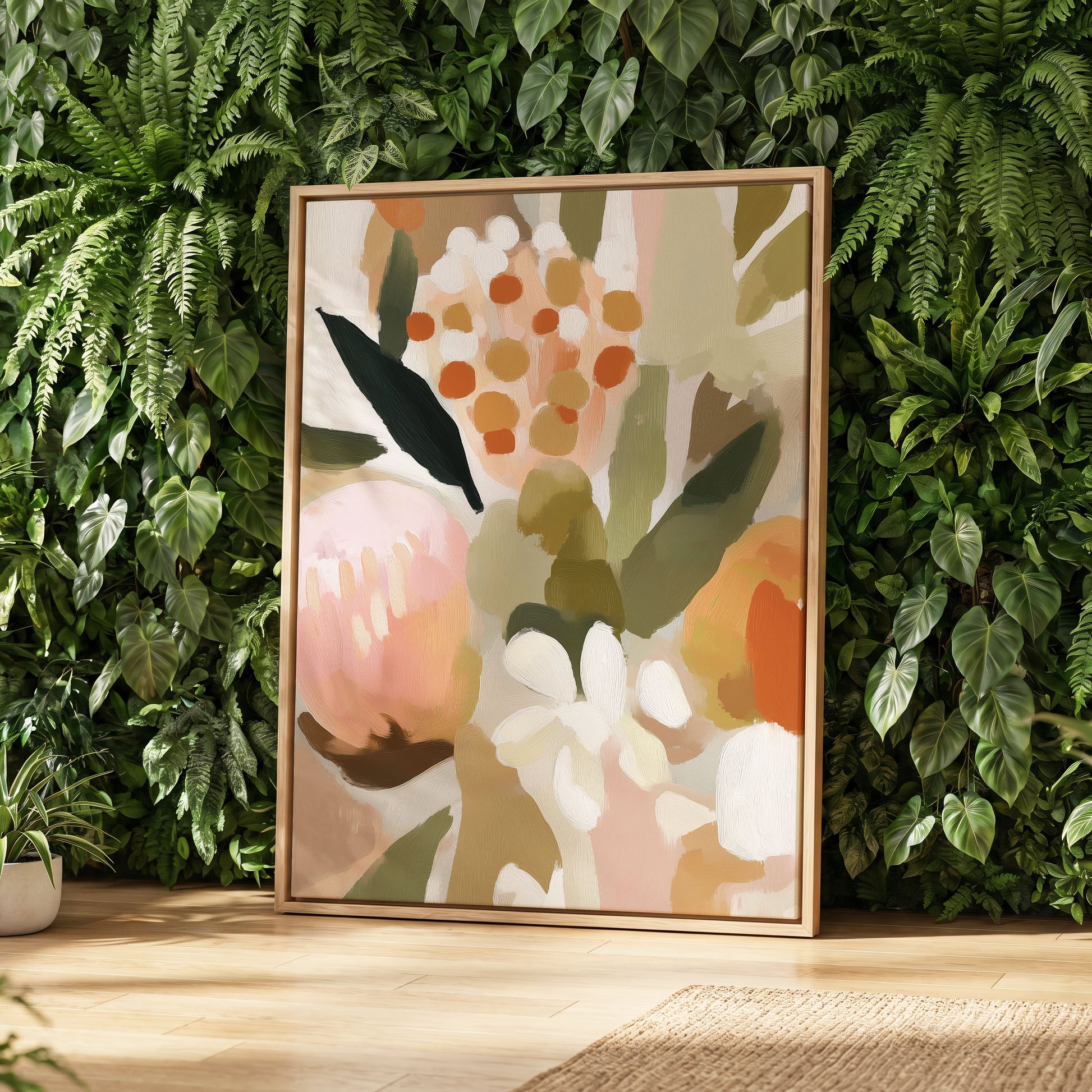 Seedheads and Soft Petals, pink, green, beige floral wall art displayed in a styled interior, gallery view 8
