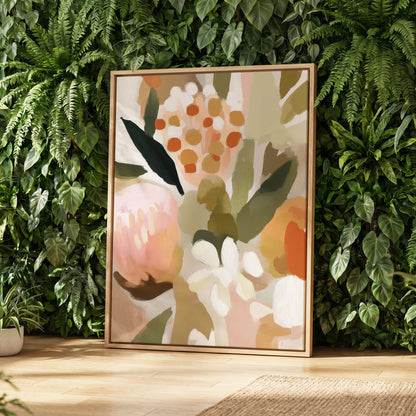 Seedheads and Soft Petals, pink, green, beige floral wall art displayed in a styled interior, gallery view 8