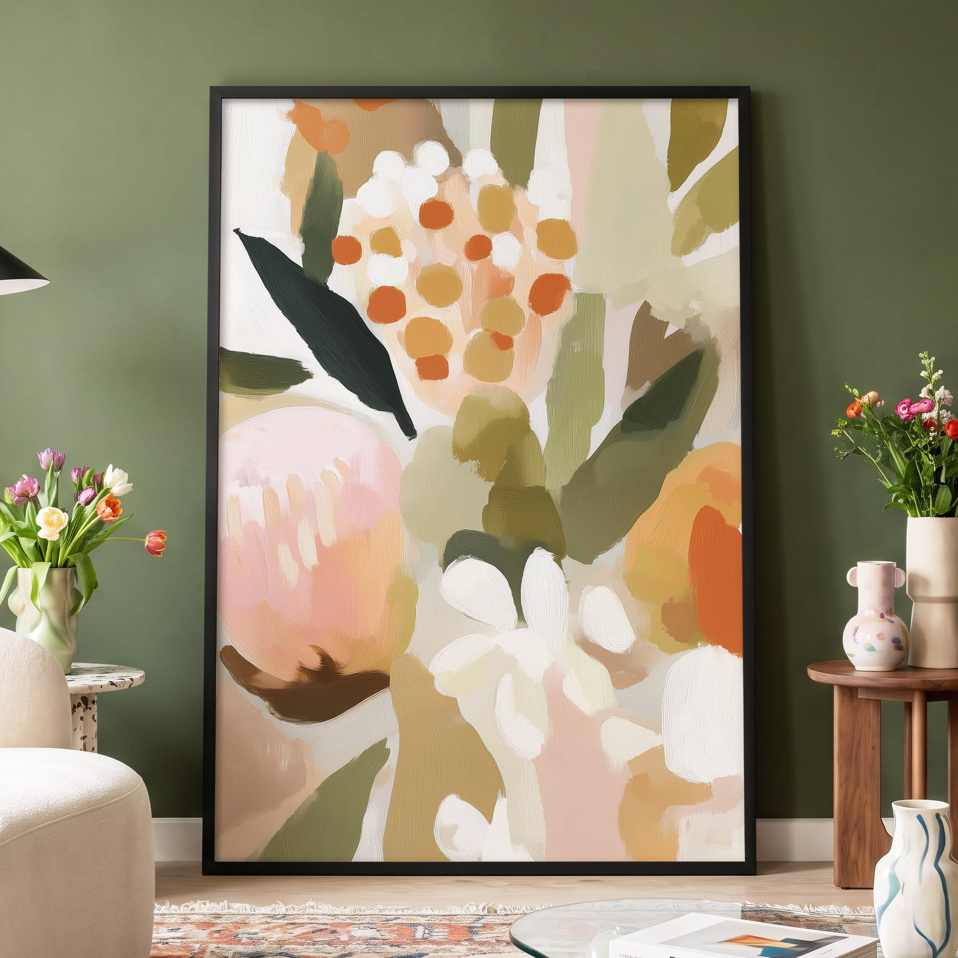 Seedheads and Soft Petals, pink, green, beige floral wall art displayed in a styled interior, gallery view 9