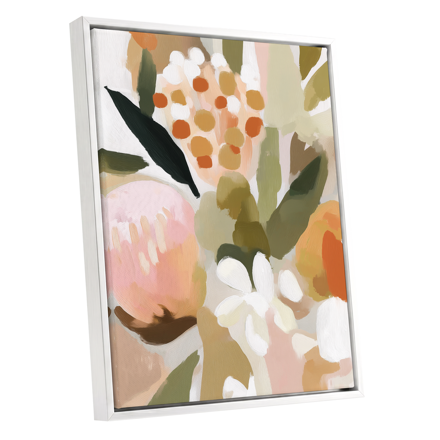 Seedheads and Soft Petals, pink, green, beige floral wall art shown as a white framed canvas wall art