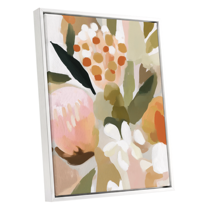 Seedheads and Soft Petals, pink, green, beige floral wall art shown as a white framed canvas wall art