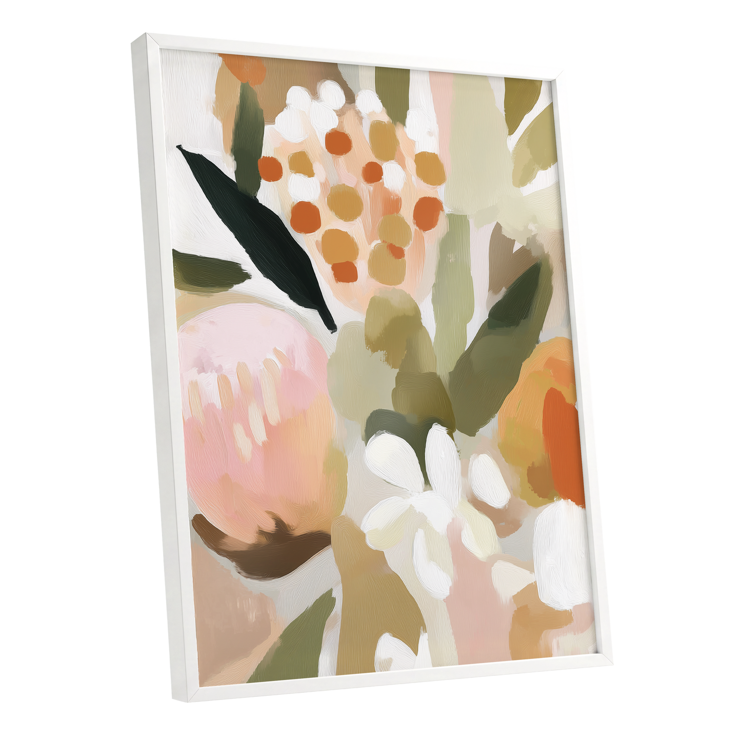 Seedheads and Soft Petals, pink, green, beige floral wall art shown as a white framed poster wall art print