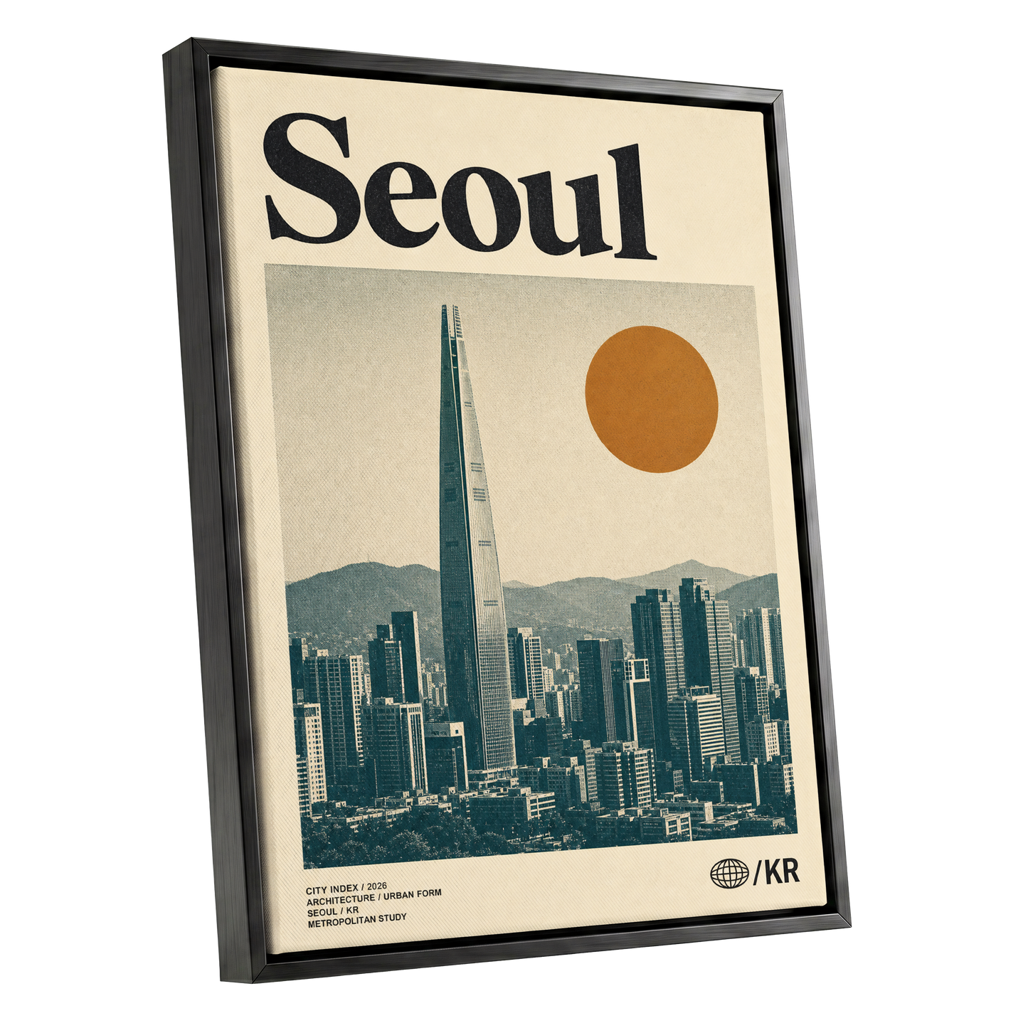 Seoul City Index, beige, black, green minimalist wall art shown as a black framed canvas wall art