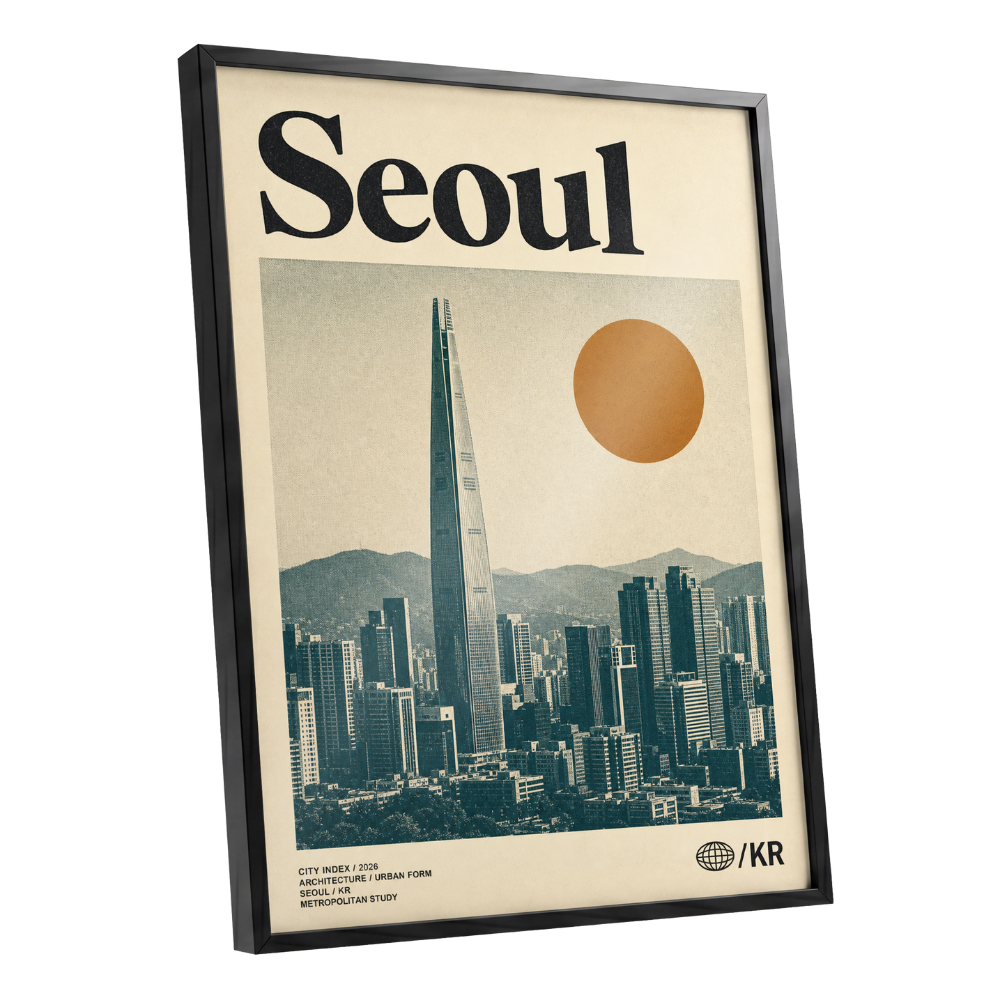 Seoul City Index, beige, black, green minimalist wall art shown as a black framed poster wall art print