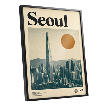 Seoul City Index, beige, black, green minimalist wall art shown as a black framed poster wall art print