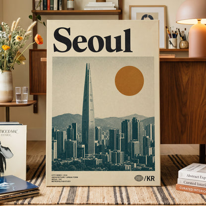 Seoul City Index, beige, black, green minimalist wall art on canvas displayed in a styled interior, gallery view 1