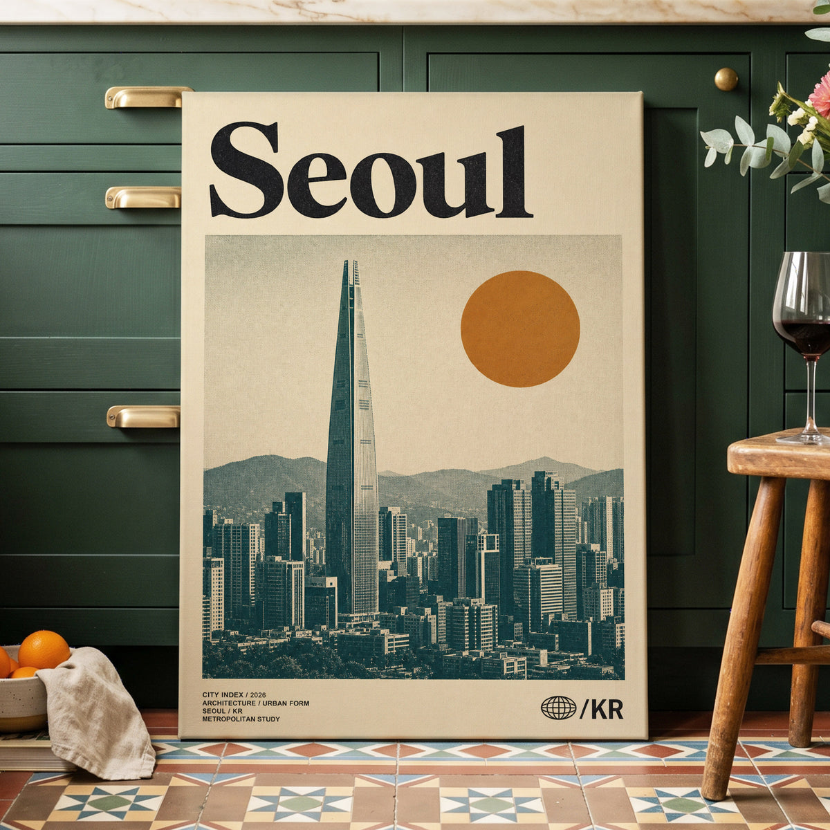 Seoul City Index, beige, black, green minimalist wall art on canvas displayed in a styled interior, gallery view 2