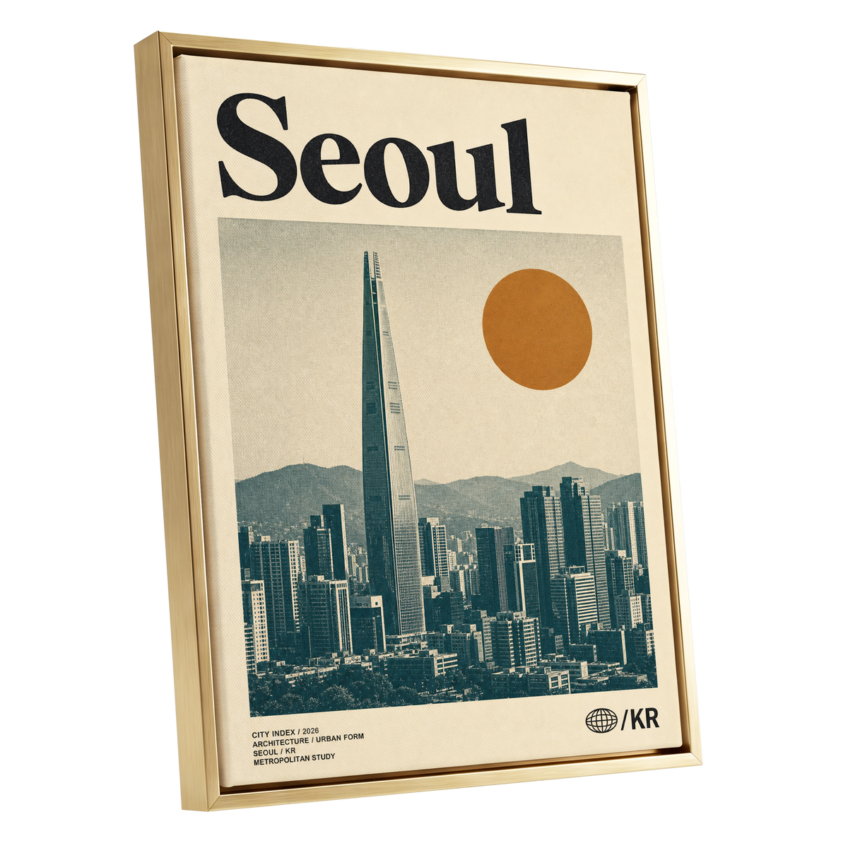 Seoul City Index, beige, black, green minimalist wall art shown as a gold framed canvas wall art