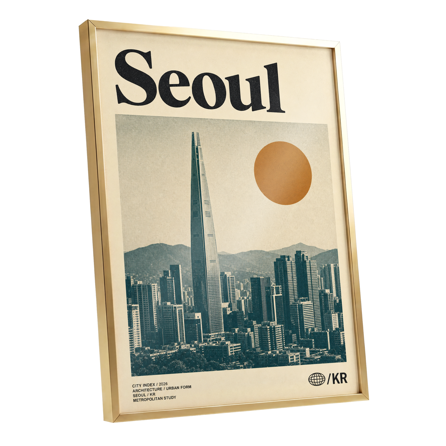 Seoul City Index, beige, black, green minimalist wall art shown as a gold framed poster wall art print