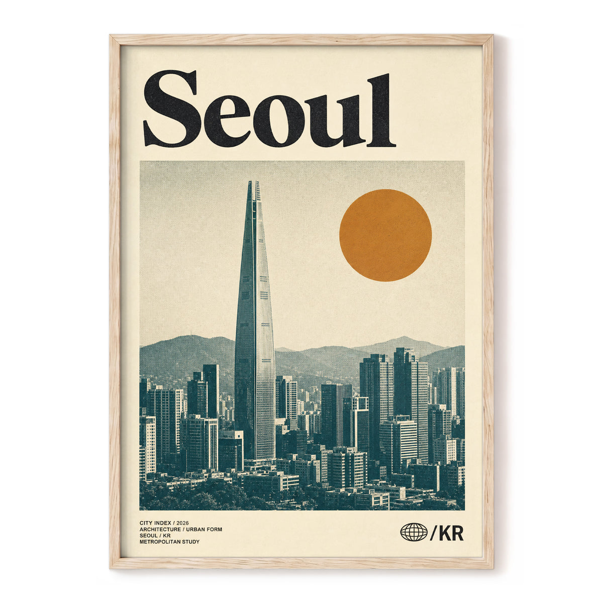 Seoul City Index, beige, black, green minimalist wall art, front artwork view