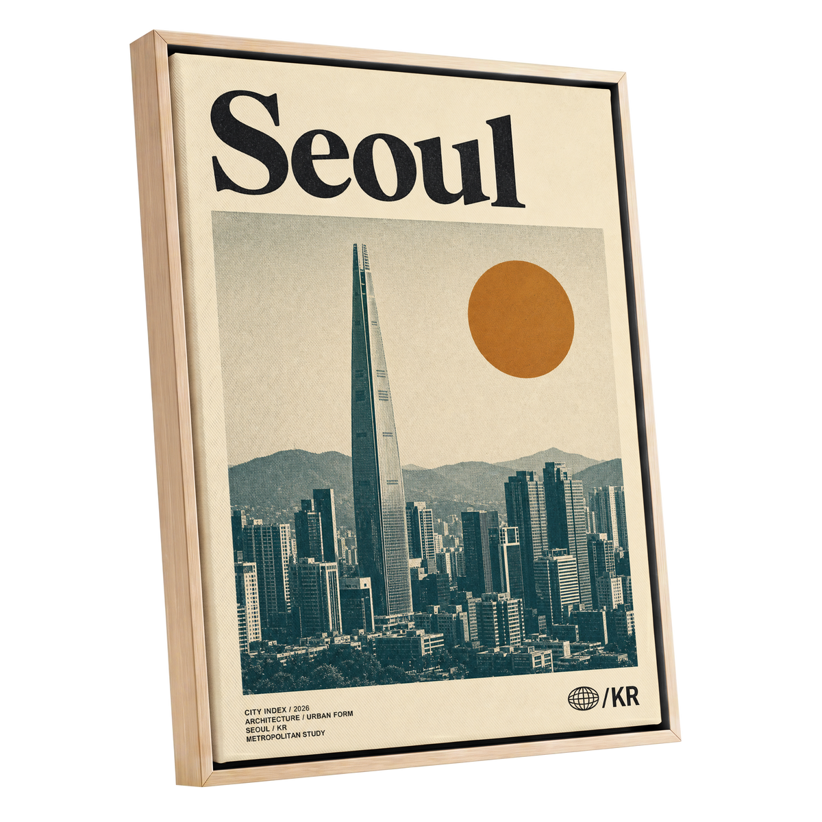 Seoul City Index, beige, black, green minimalist wall art shown as a oak framed canvas wall art