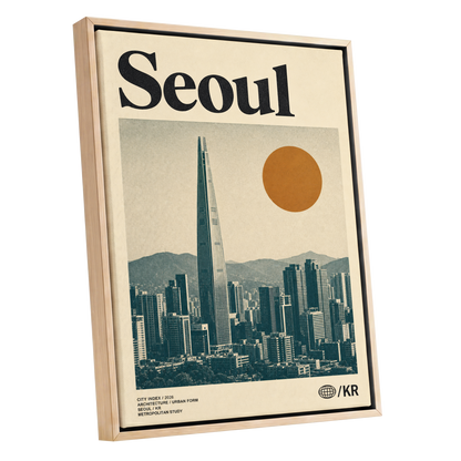 Seoul City Index, beige, black, green minimalist wall art shown as a oak framed canvas wall art