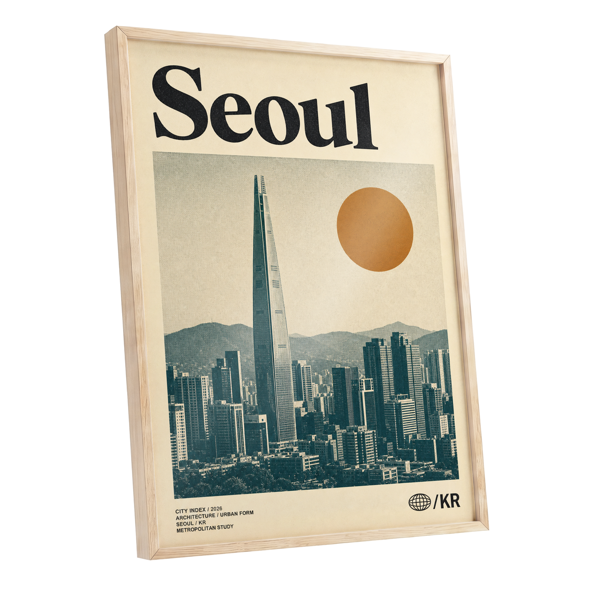 Seoul City Index, beige, black, green minimalist wall art shown as a oak framed poster wall art print