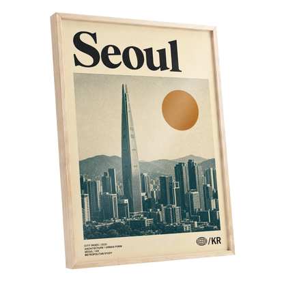 Seoul City Index, beige, black, green minimalist wall art shown as a oak framed poster wall art print