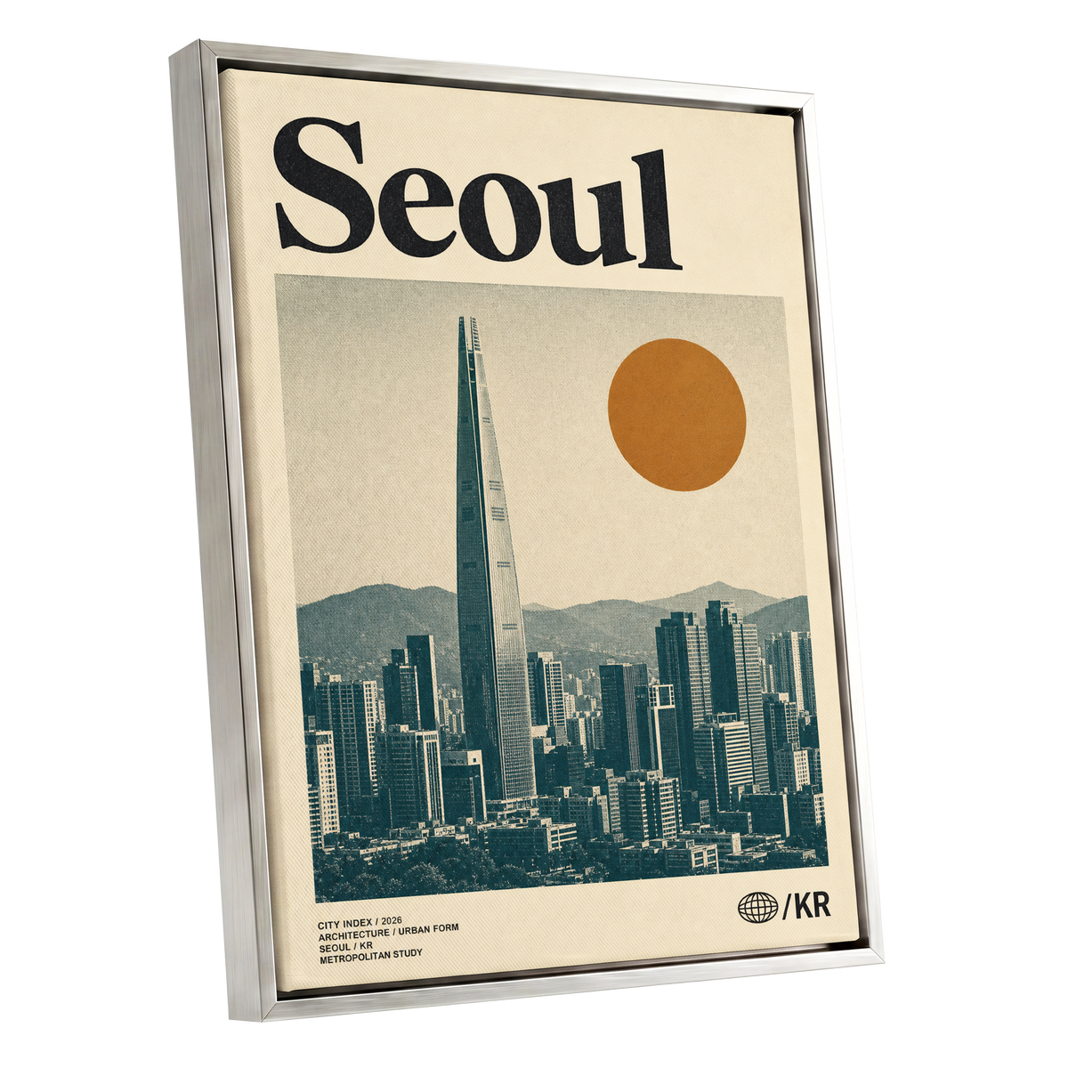 Seoul City Index, beige, black, green minimalist wall art shown as a silver framed canvas wall art