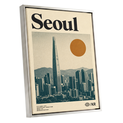 Seoul City Index, beige, black, green minimalist wall art shown as a silver framed canvas wall art