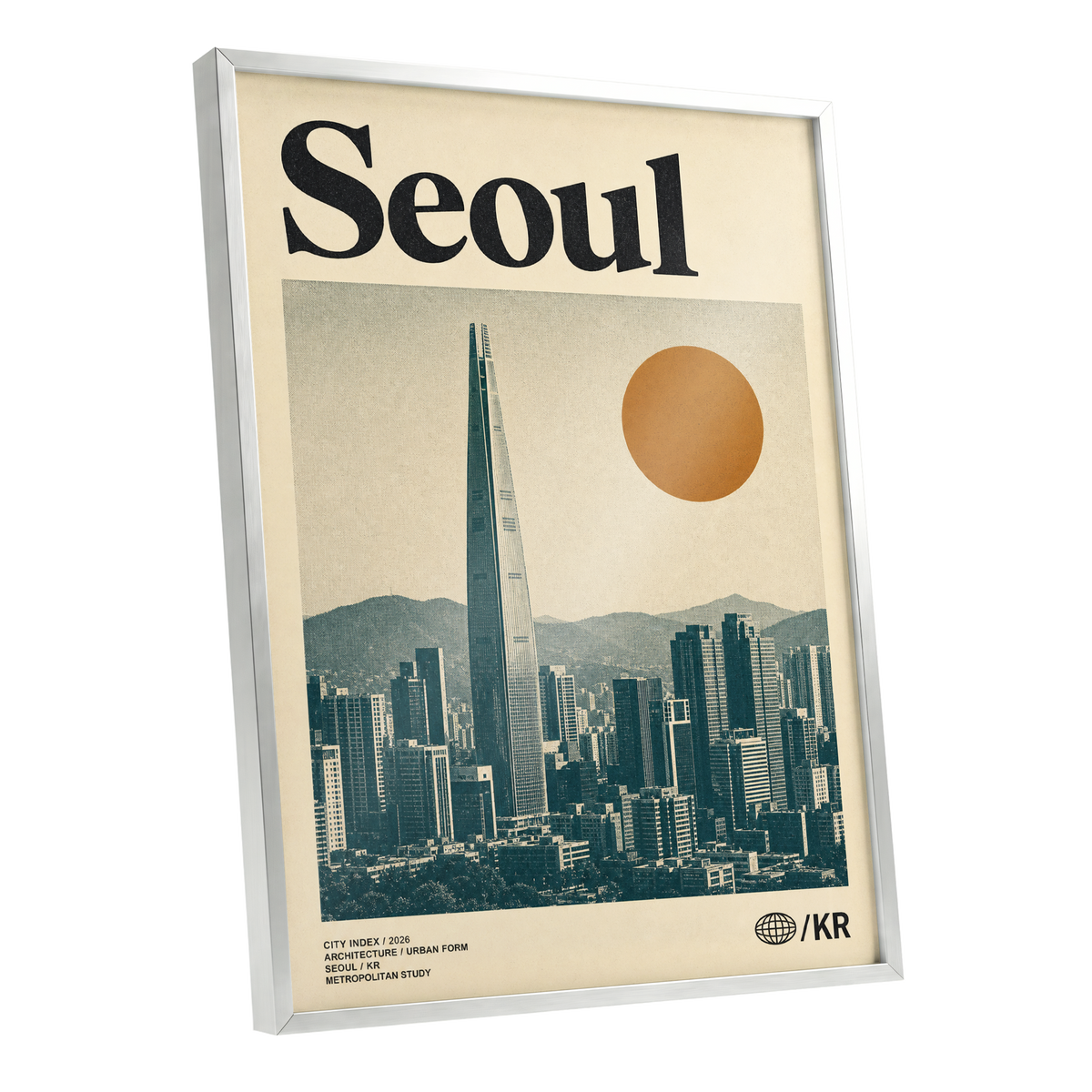 Seoul City Index, beige, black, green minimalist wall art shown as a silver framed poster wall art print