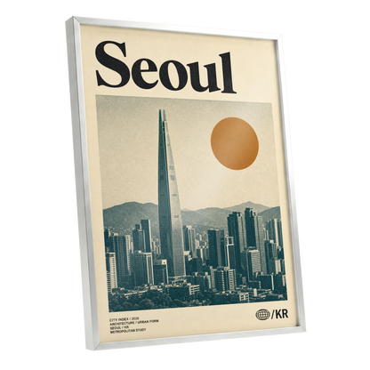 Seoul City Index, beige, black, green minimalist wall art shown as a silver framed poster wall art print