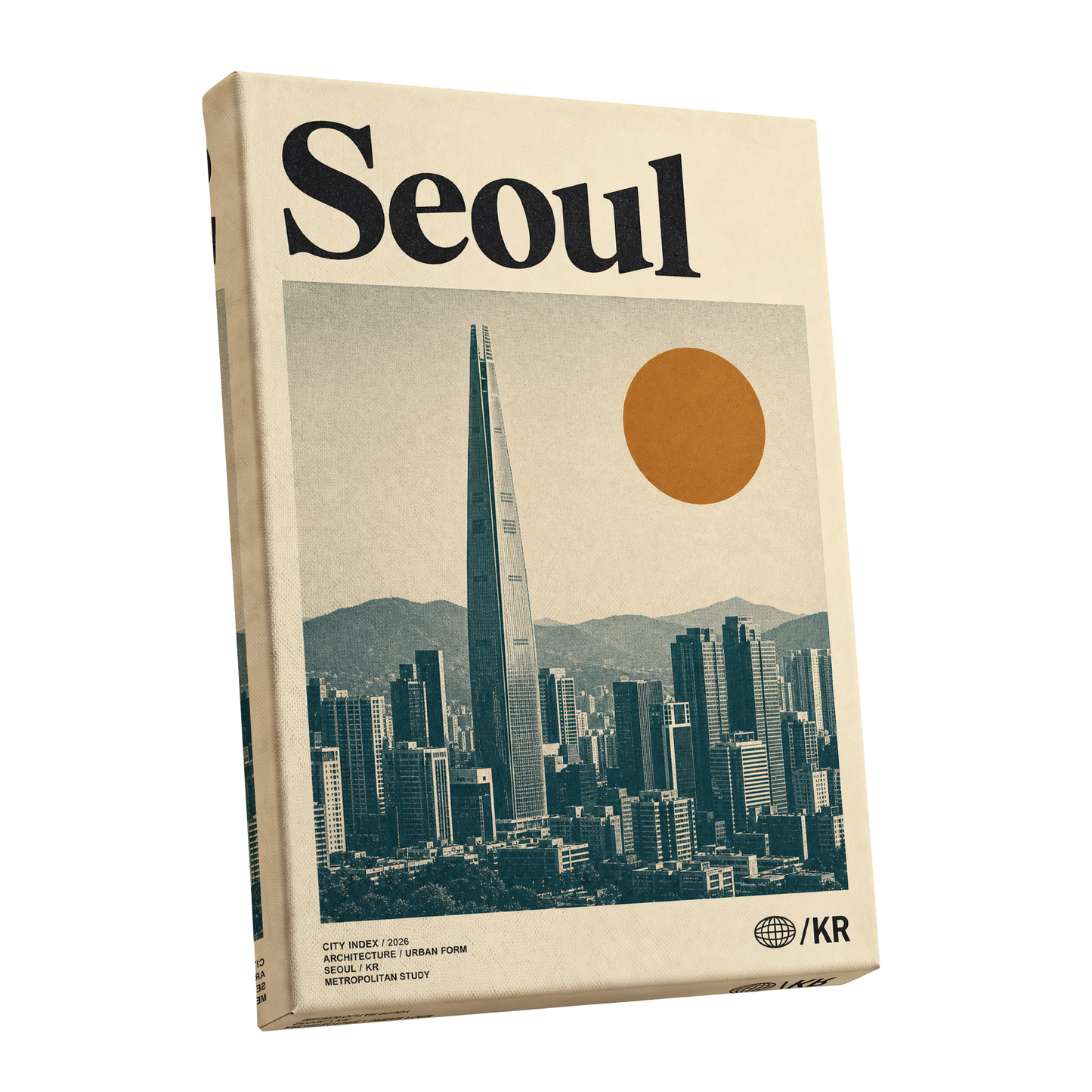 Seoul City Index, beige, black, green minimalist wall art shown as a stretched canvas wall art