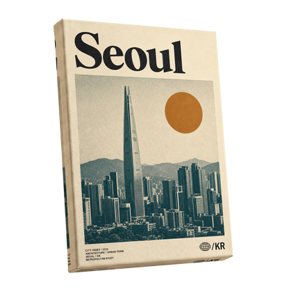 Seoul City Index, beige, black, green minimalist wall art shown as a stretched canvas wall art