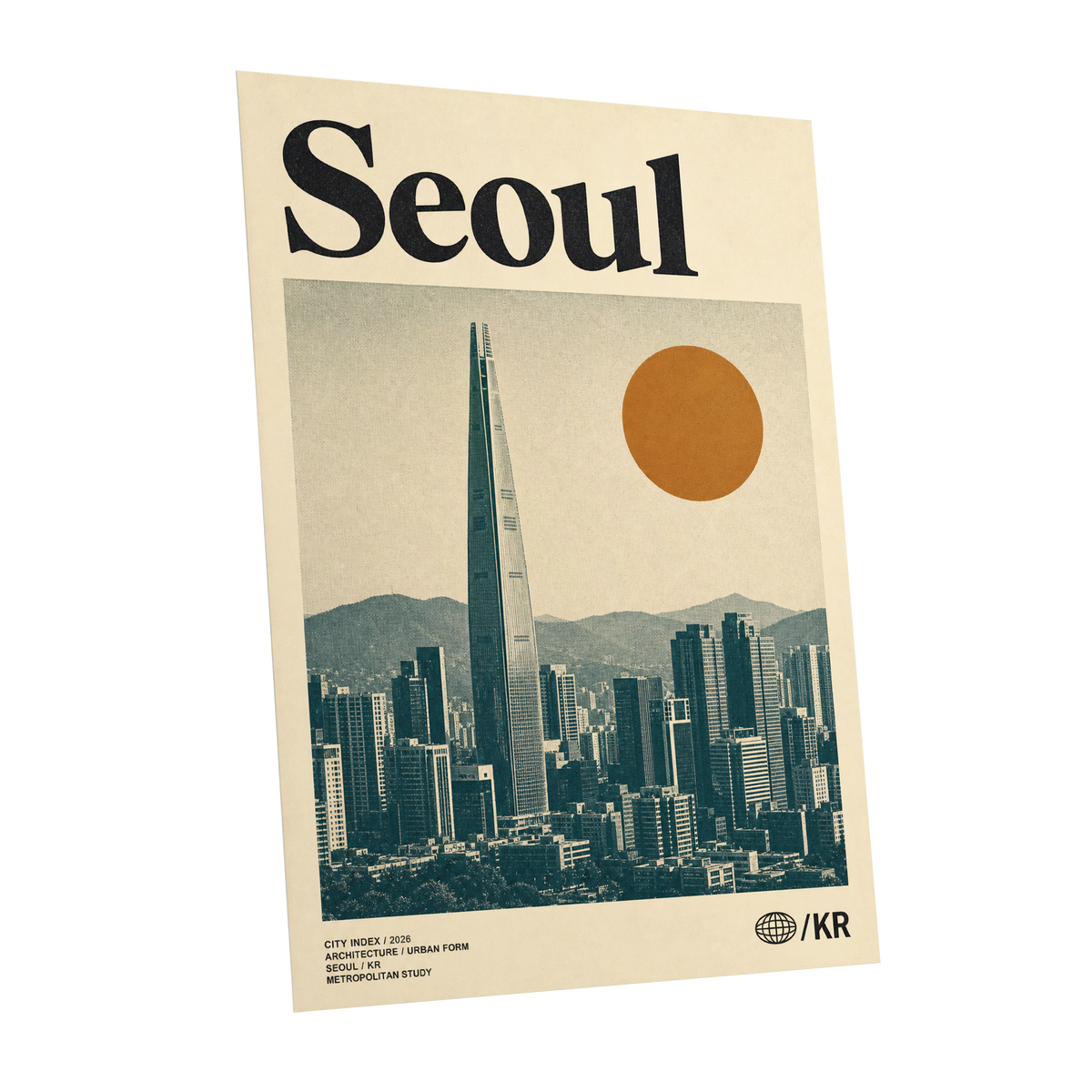 Seoul City Index, beige, black, green minimalist wall art shown as a unframed poster wall art print