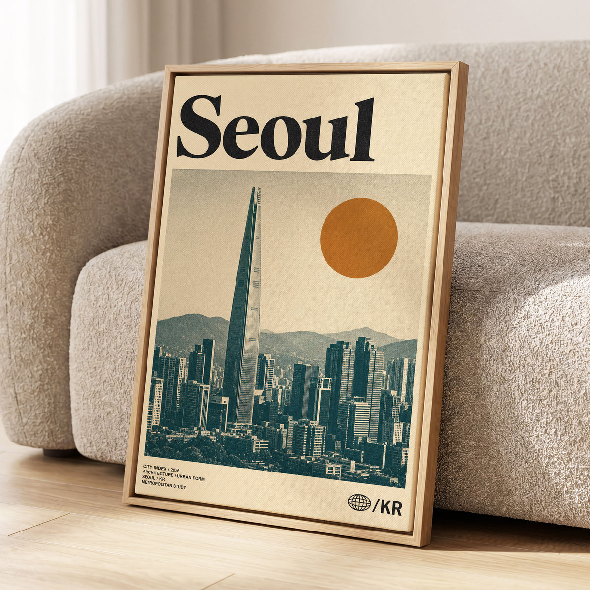 Seoul City Index, beige, black, green minimalist wall art displayed in a styled interior, gallery view 1