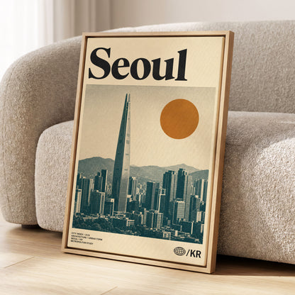 Seoul City Index, beige, black, green minimalist wall art displayed in a styled interior, gallery view 1