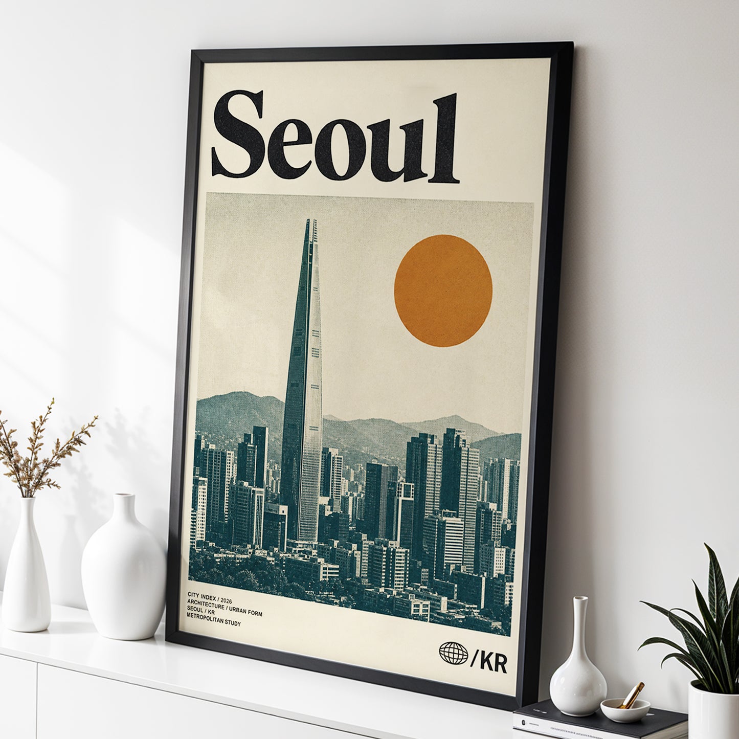 Seoul City Index, beige, black, green minimalist wall art displayed in a styled interior, gallery view 2