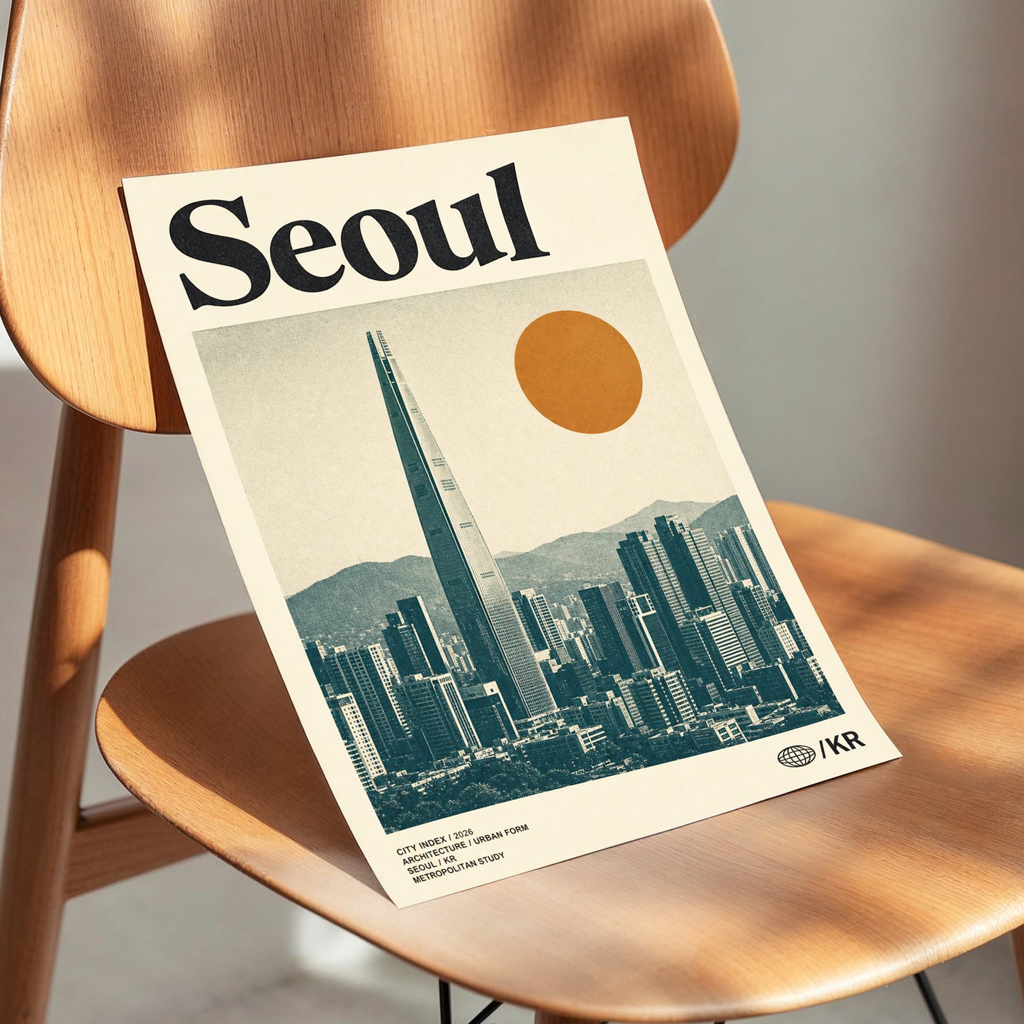 Seoul City Index, beige, black, green minimalist wall art displayed in a styled interior, gallery view 3