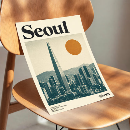 Seoul City Index, beige, black, green minimalist wall art displayed in a styled interior, gallery view 3