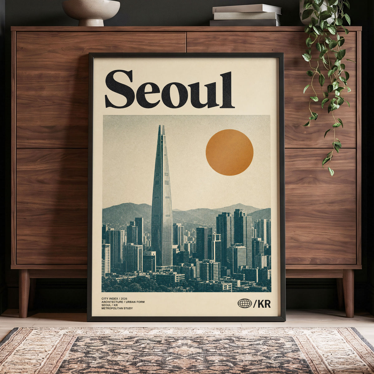 Seoul City Index, beige, black, green minimalist wall art displayed in a styled interior, gallery view 4