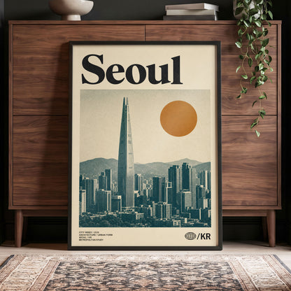 Seoul City Index, beige, black, green minimalist wall art displayed in a styled interior, gallery view 4