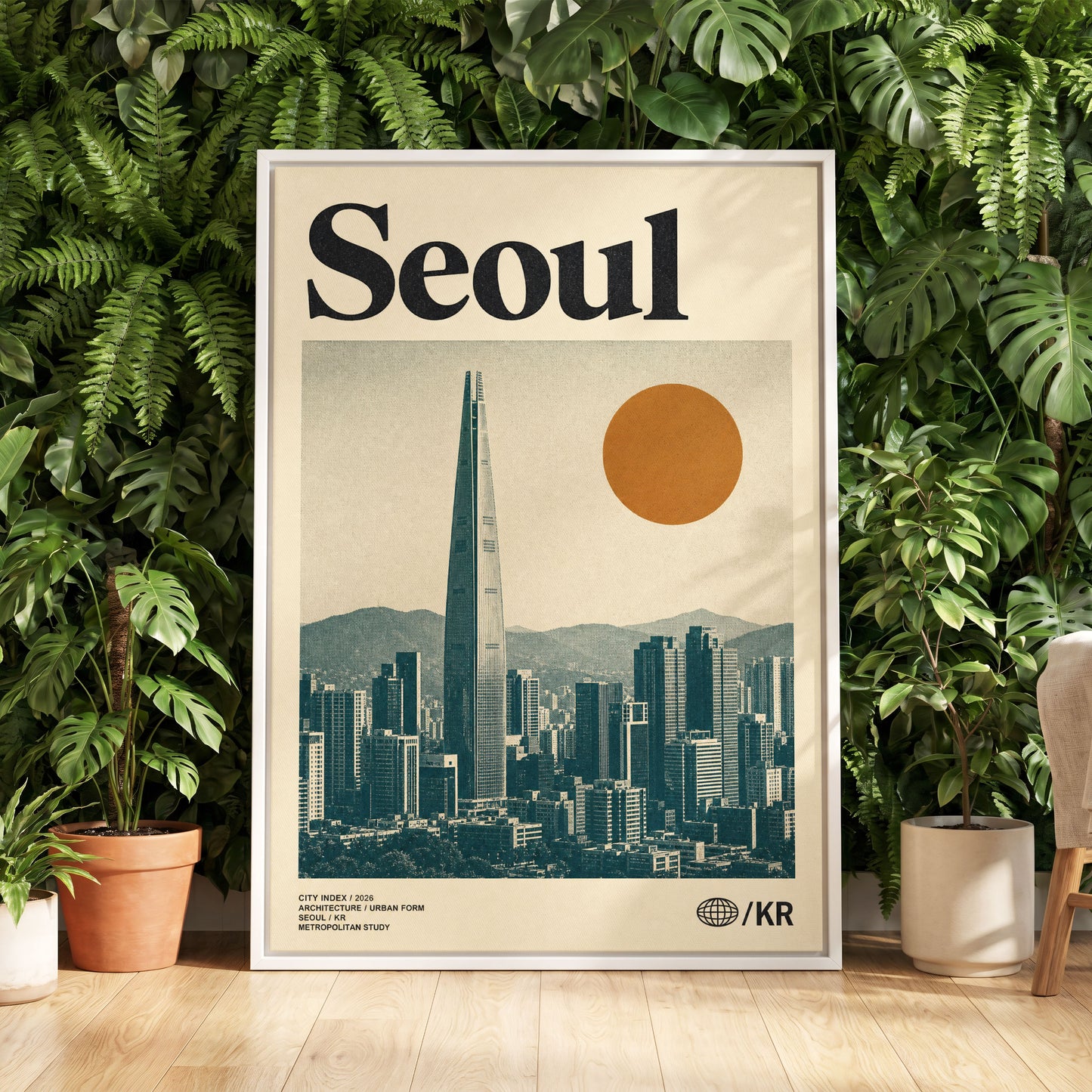Seoul City Index, beige, black, green minimalist wall art displayed in a styled interior, gallery view 5