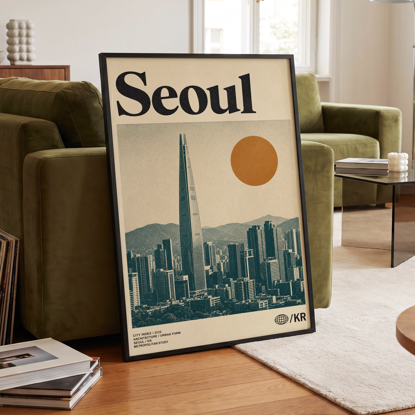 Seoul City Index, beige, black, green minimalist wall art displayed in a styled interior, gallery view 6