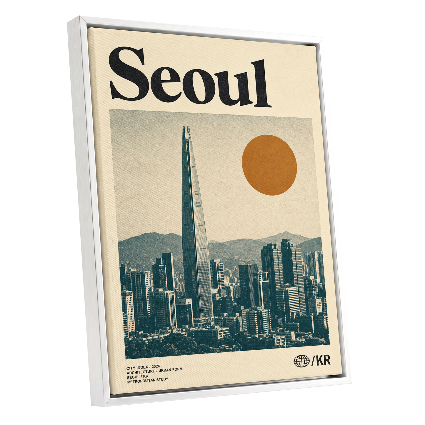 Seoul City Index, beige, black, green minimalist wall art shown as a white framed canvas wall art