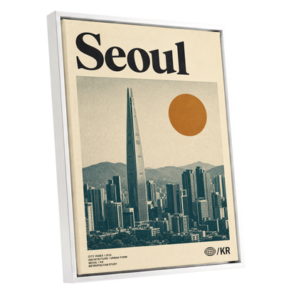Seoul City Index, beige, black, green minimalist wall art shown as a white framed canvas wall art