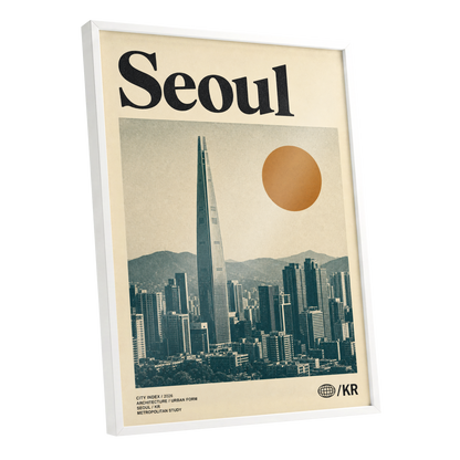 Seoul City Index, beige, black, green minimalist wall art shown as a white framed poster wall art print